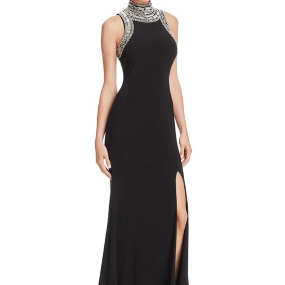 Aqua Black Mock Neck Beaded Sleeveless Gown Size 6 - Picture 14 of 16